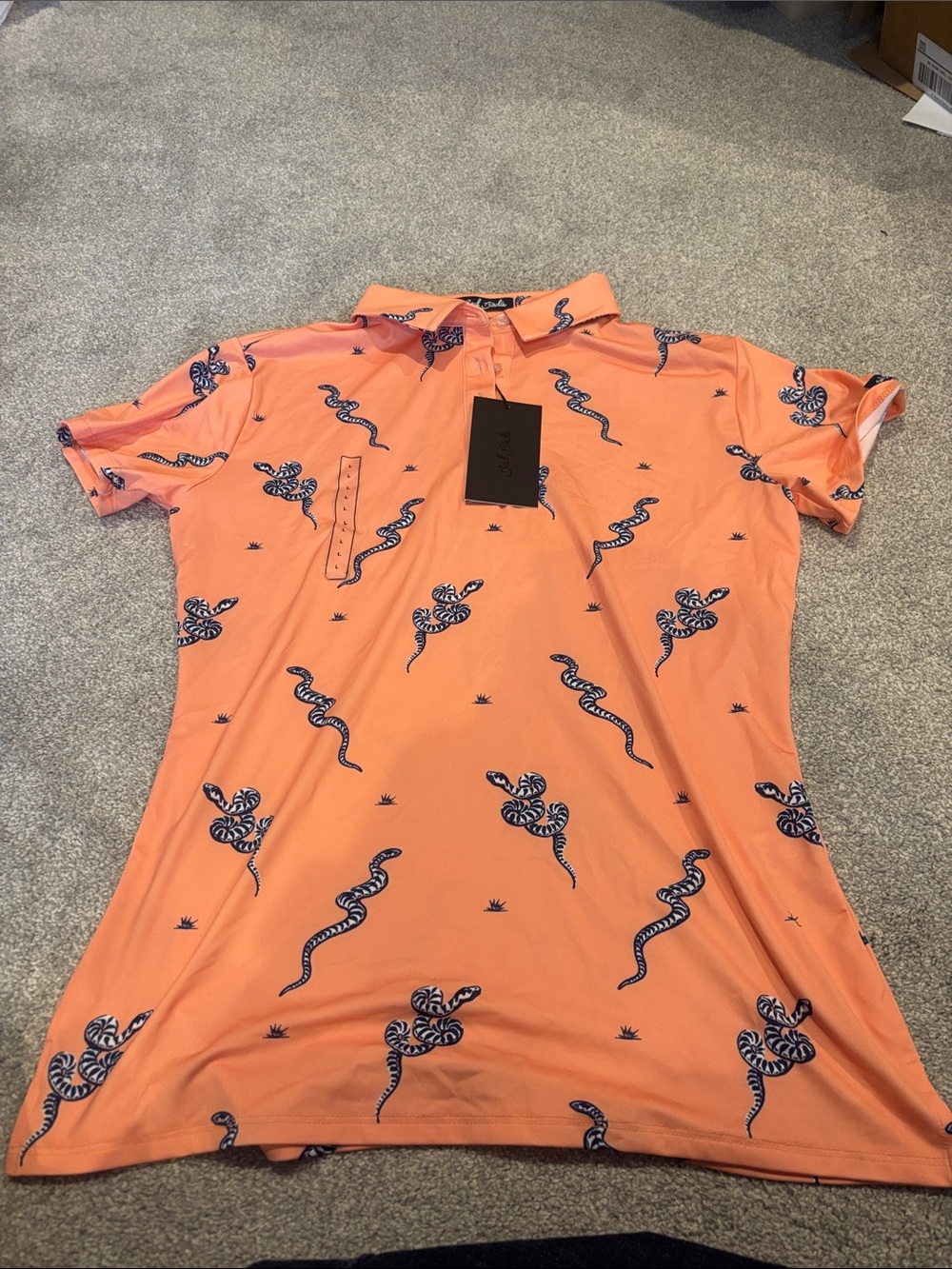 Bad Birdie Coral Short-Sleeve Polo with Navy Snake Print